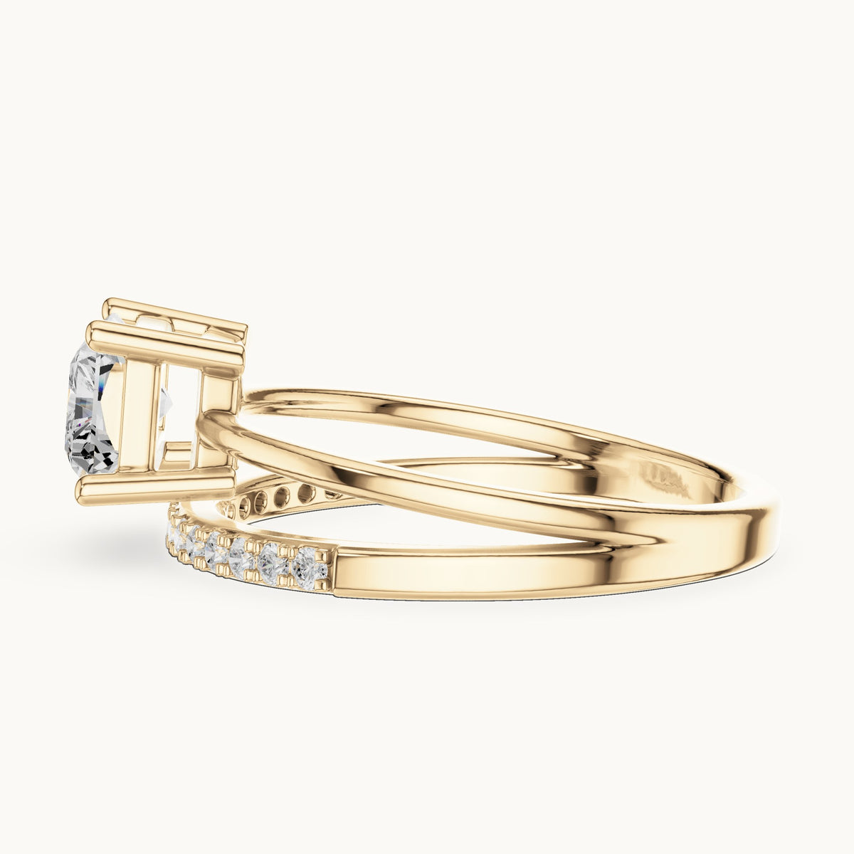 Radiant-cut lab-grown diamond east-west split shank engagement ring in yellow gold, 1.37 CT TW, view 3