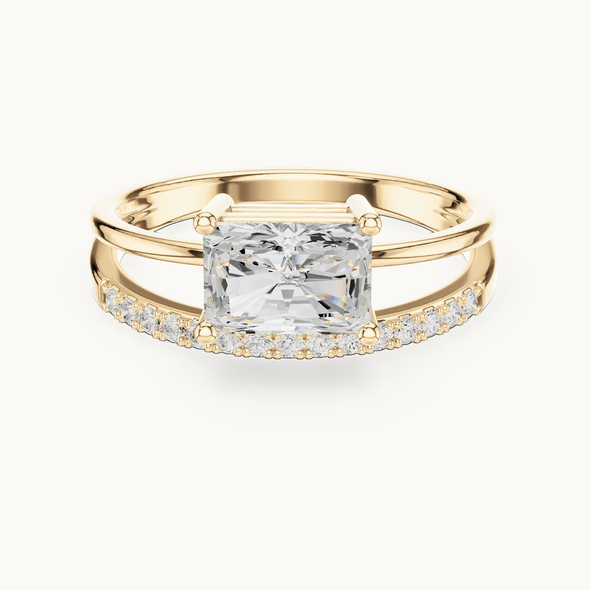 Radiant-cut lab-grown diamond east-west split shank engagement ring in yellow gold, 1.37 CT TW, view 4