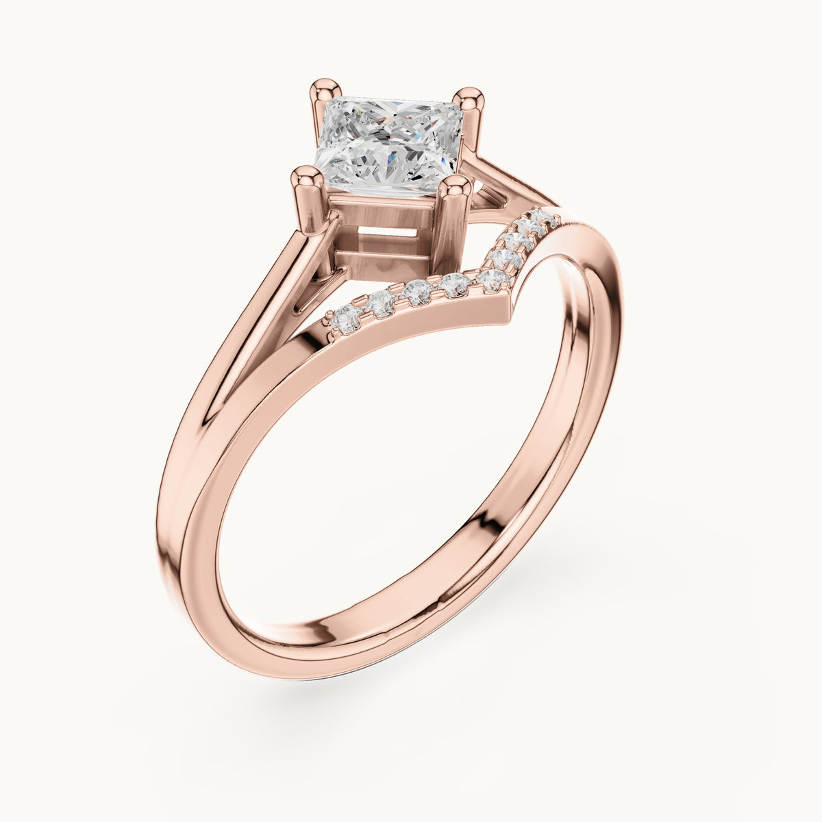 Princess-cut lab-grown diamond compass set chevron split shank engagement ring in rose gold, 0.62 CT TW, view 2