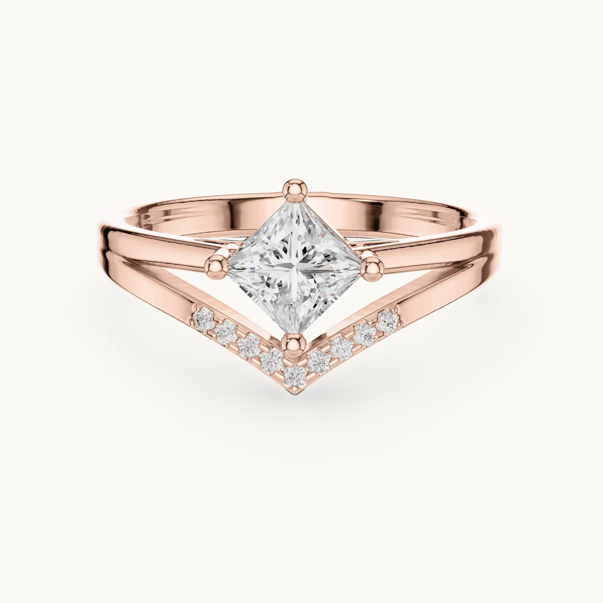 Princess-cut lab-grown diamond compass set chevron split shank engagement ring in rose gold, 0.62 CT TW, view 4