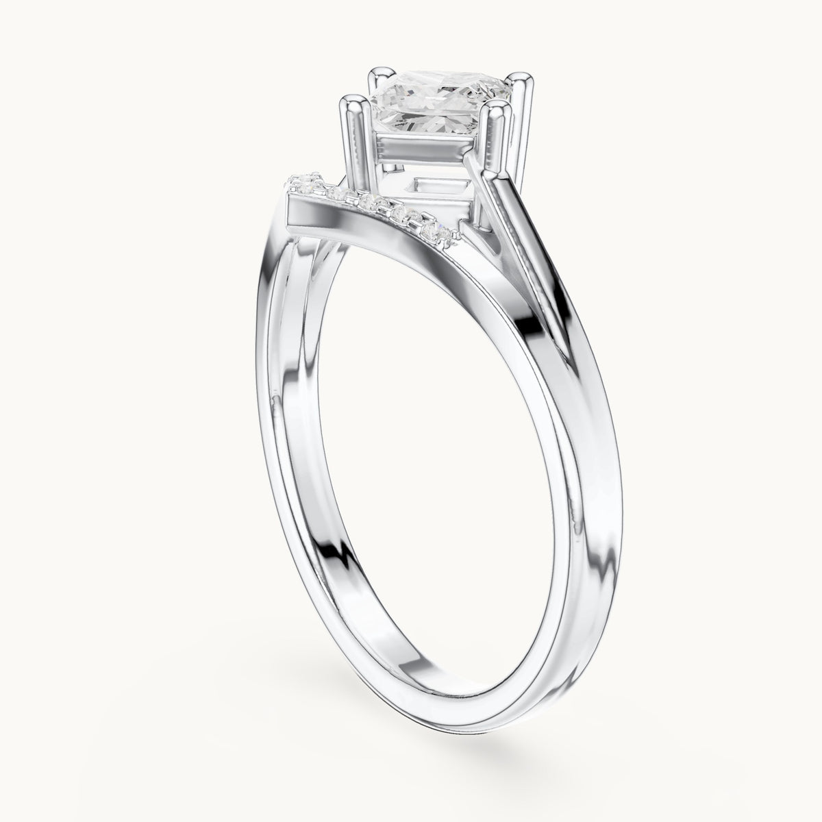 Princess-cut lab-grown diamond compass set chevron split shank engagement ring in white gold, 0.62 CT TW, view 1