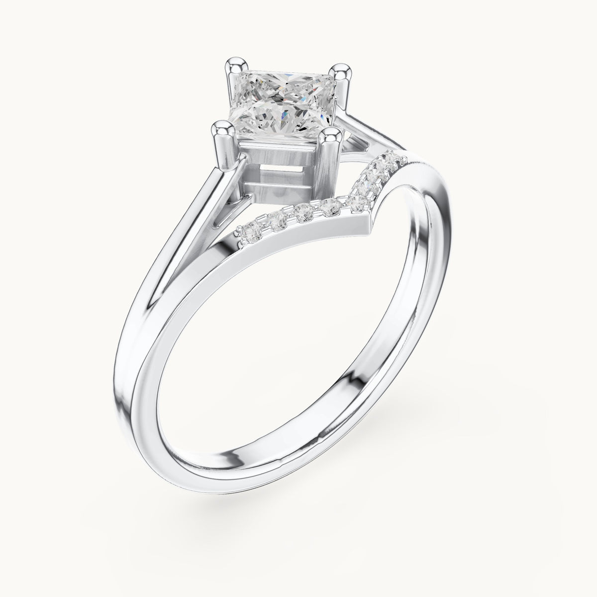 Princess-cut lab-grown diamond compass set chevron split shank engagement ring in white gold, 0.62 CT TW, view 2