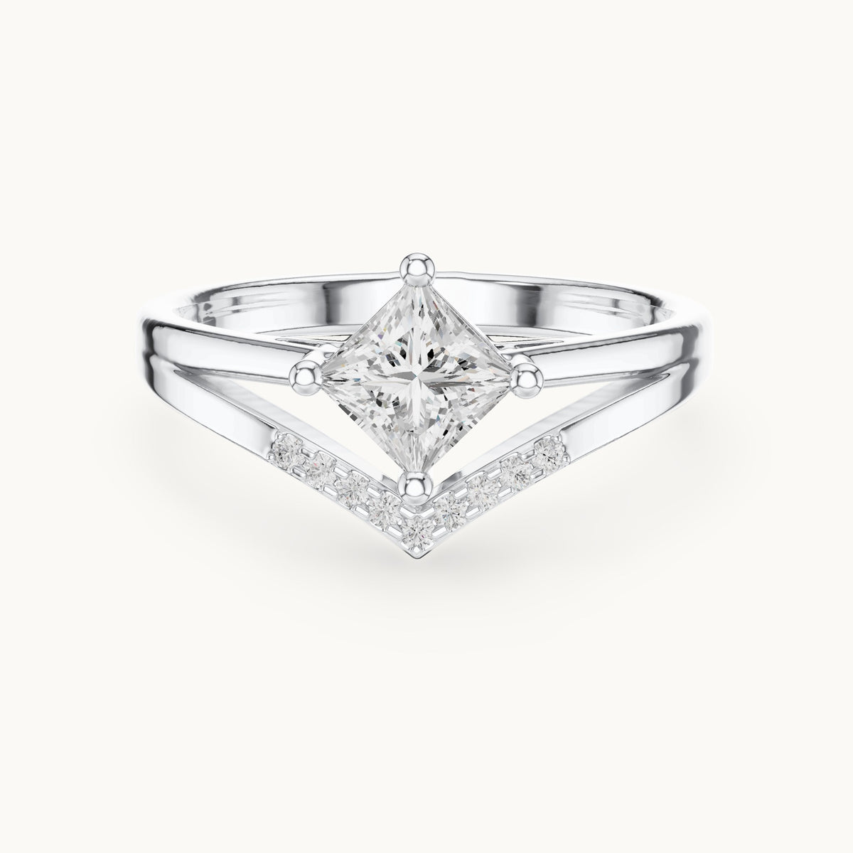 Princess-cut lab-grown diamond compass set chevron split shank engagement ring in white gold, 0.62 CT TW, view 4