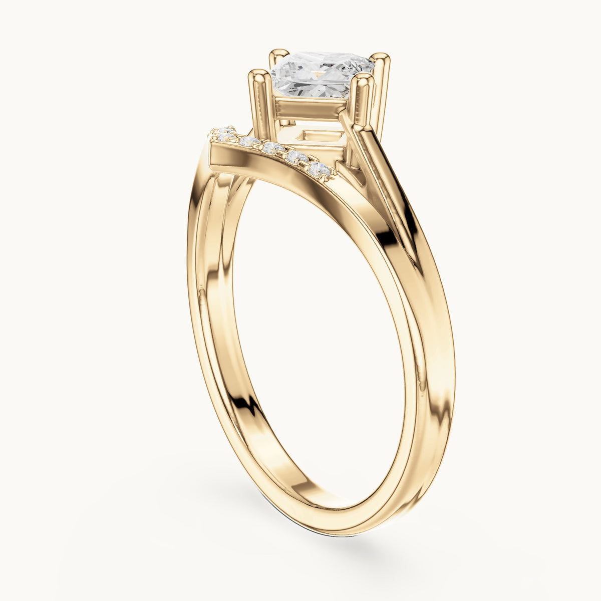 Princess-cut lab-grown diamond compass set chevron split shank engagement ring in yellow gold, 0.62 CT TW, view 1