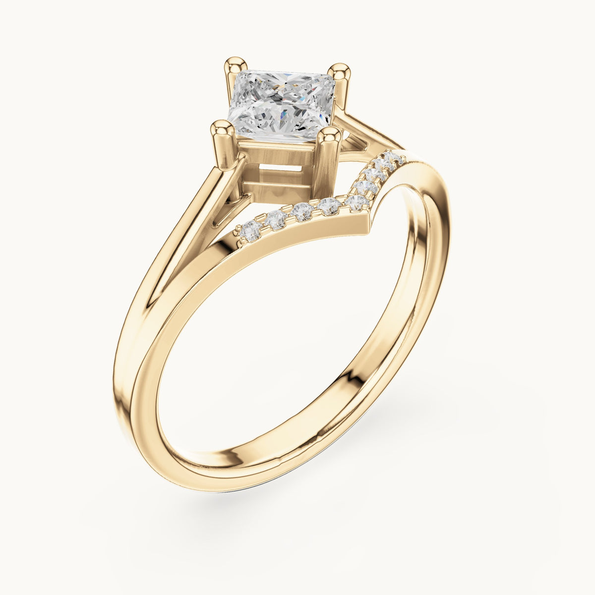 Princess-cut lab-grown diamond compass set chevron split shank engagement ring in yellow gold, 0.62 CT TW, view 2
