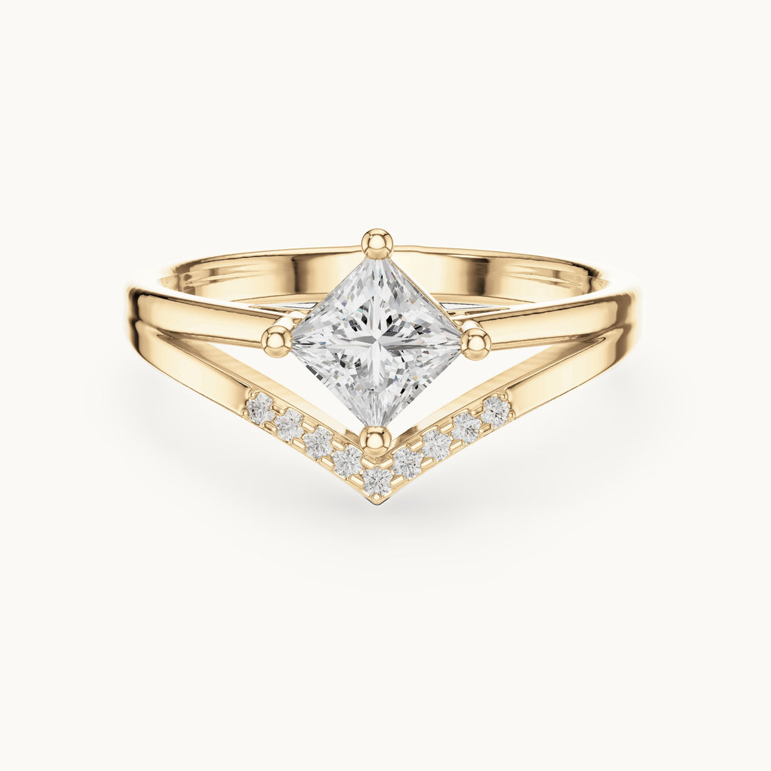 Princess-cut lab-grown diamond compass set chevron split shank engagement ring in yellow gold, 0.62 CT TW, view 4