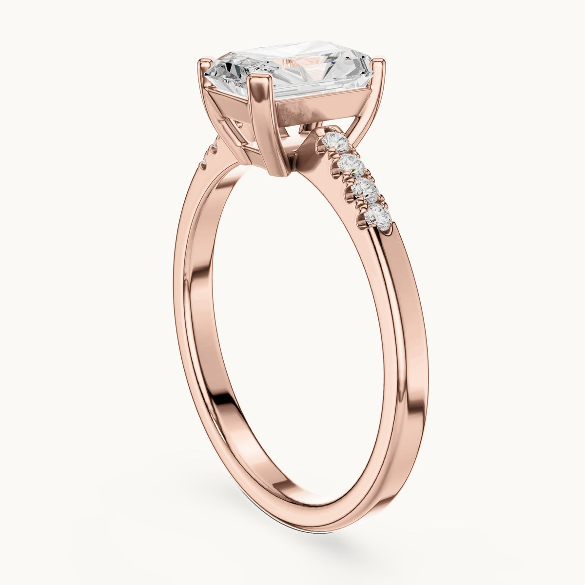 Radiant-cut and round lab-grown diamond engagement ring with diamond shoulders in rose gold, 1.30 CT TW, view 1