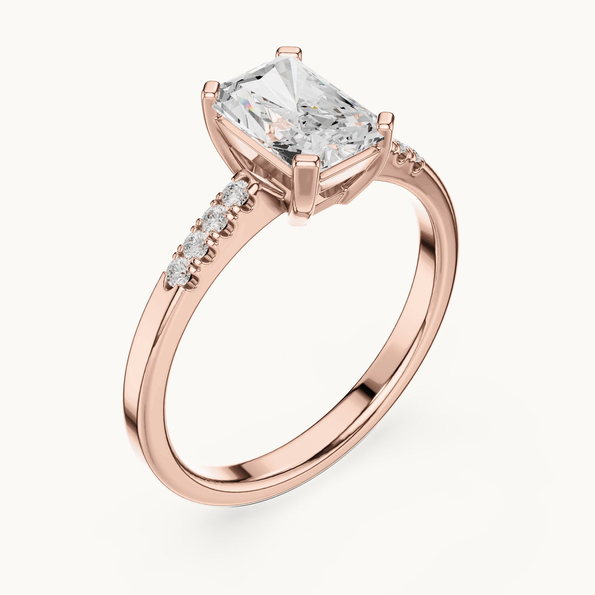 Radiant-cut and round lab-grown diamond engagement ring with diamond shoulders in rose gold, 1.30 CT TW, view 2