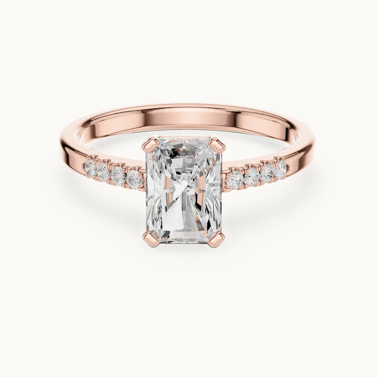 Radiant-cut and round lab-grown diamond engagement ring with diamond shoulders in rose gold, 1.30 CT TW, view 4