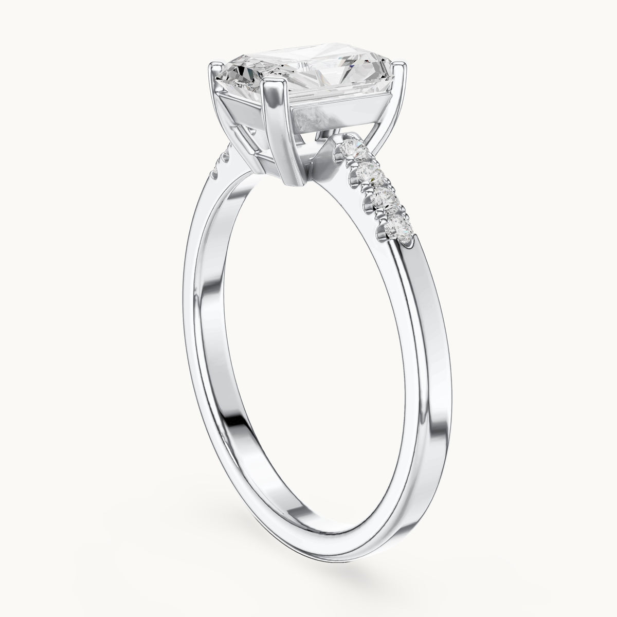 Radiant-cut and round lab-grown diamond engagement ring with diamond shoulders in white gold, 1.30 CT TW, view 1