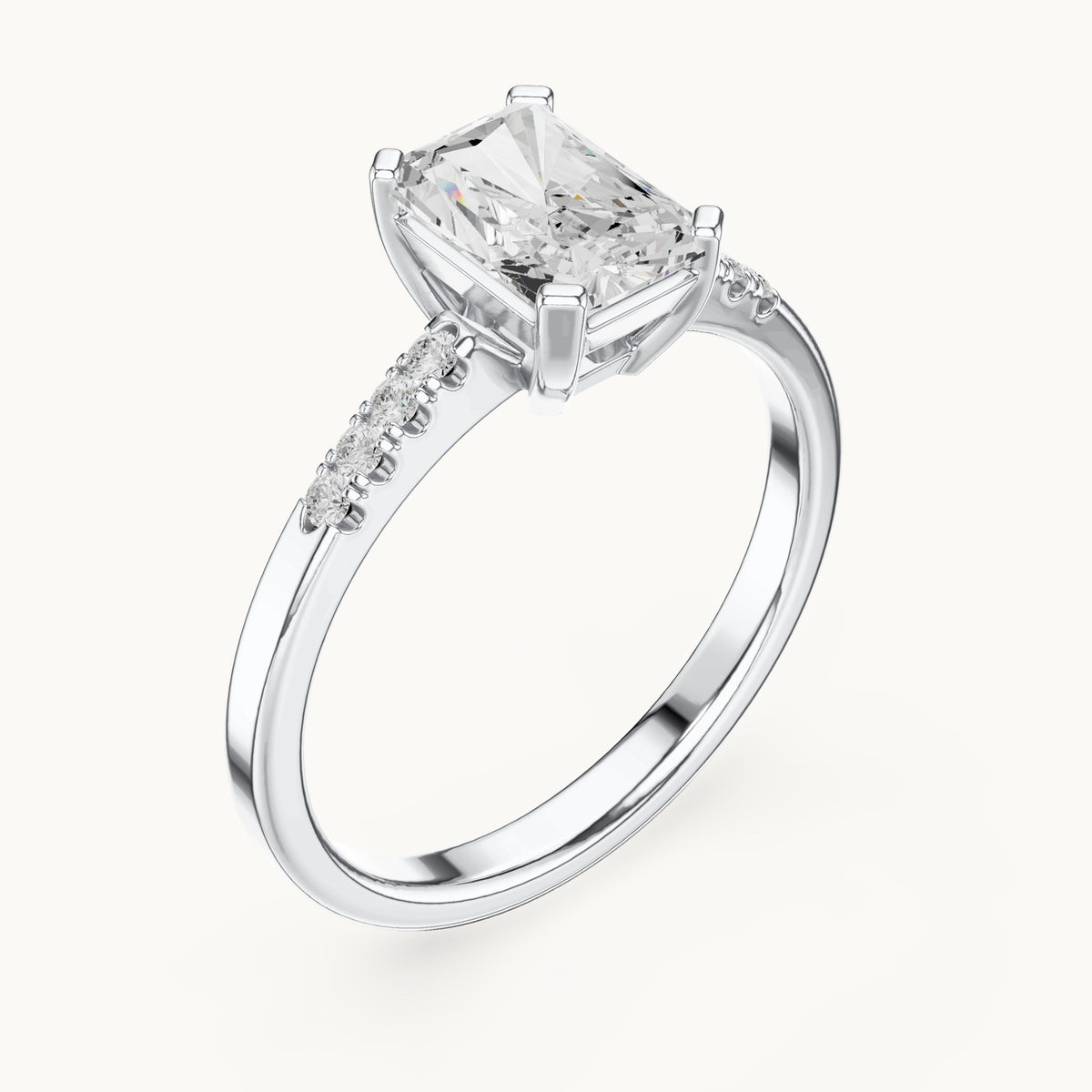 Radiant-cut and round lab-grown diamond engagement ring with diamond shoulders in white gold, 1.30 CT TW, view 2
