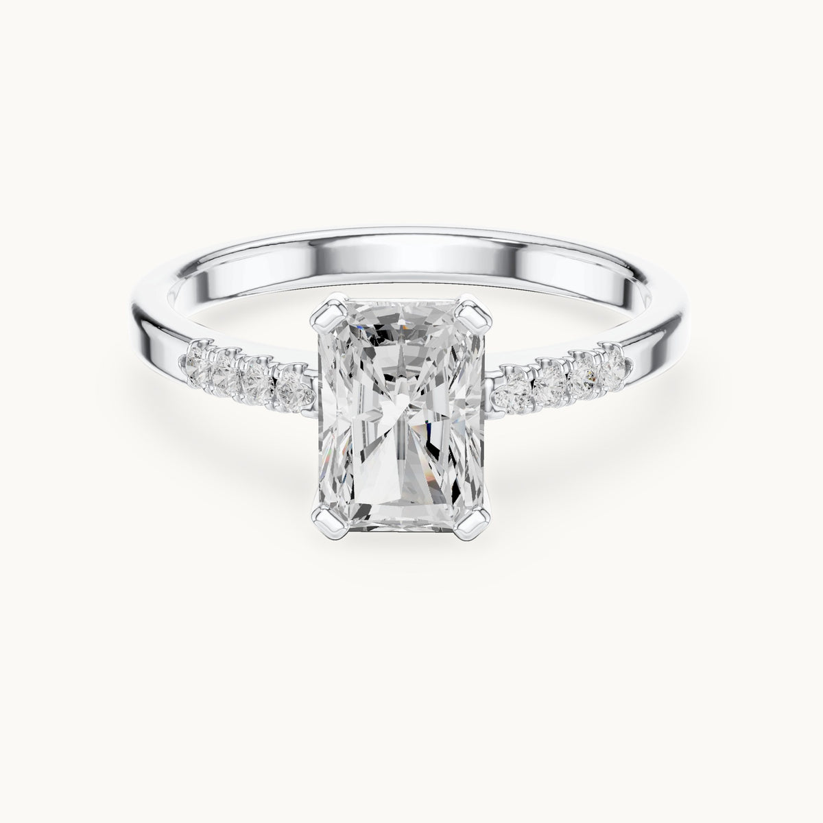 Radiant-cut and round lab-grown diamond engagement ring with diamond shoulders in white gold, 1.30 CT TW, view 4