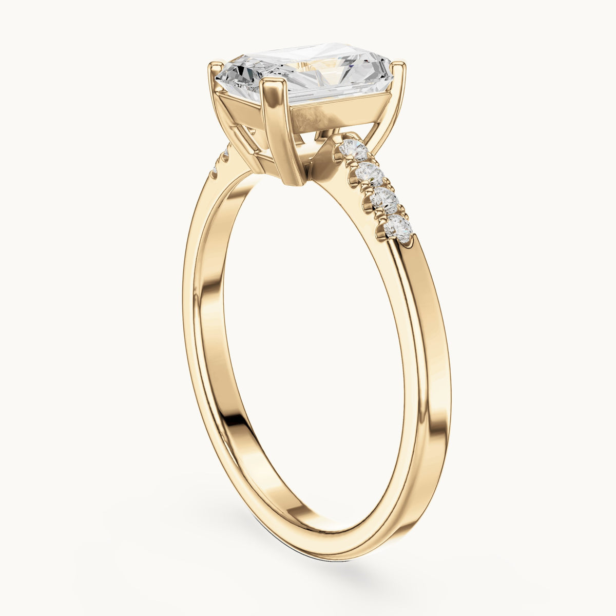 Radiant-cut and round lab-grown diamond engagement ring with diamond shoulders in yellow gold, 1.30 CT TW, view 1