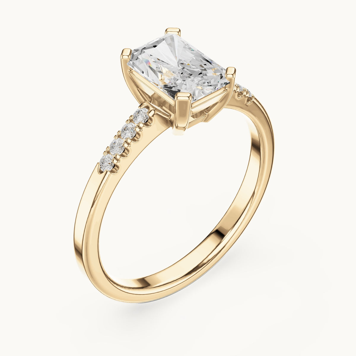 Radiant-cut and round lab-grown diamond engagement ring with diamond shoulders in yellow gold, 1.30 CT TW, view 2
