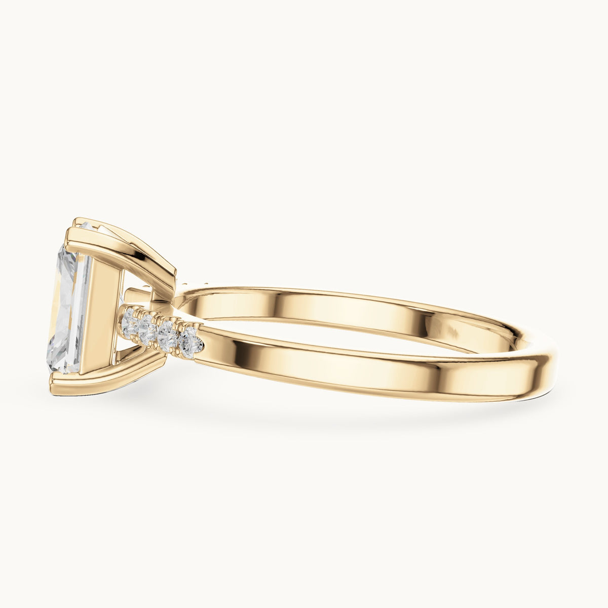 Radiant-cut and round lab-grown diamond engagement ring with diamond shoulders in yellow gold, 1.30 CT TW, view 3