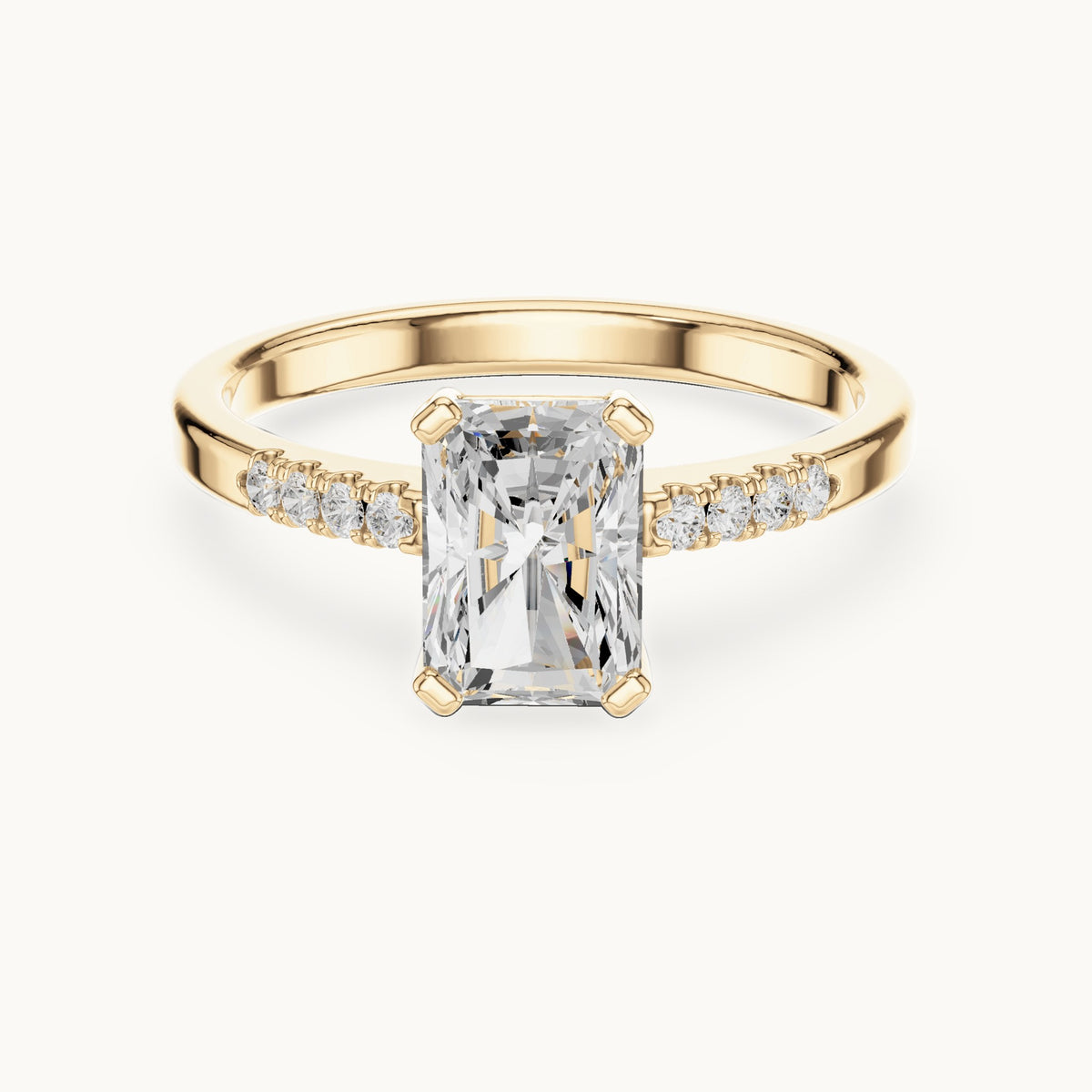 Radiant-cut and round lab-grown diamond engagement ring with diamond shoulders in yellow gold, 1.30 CT TW, view 4