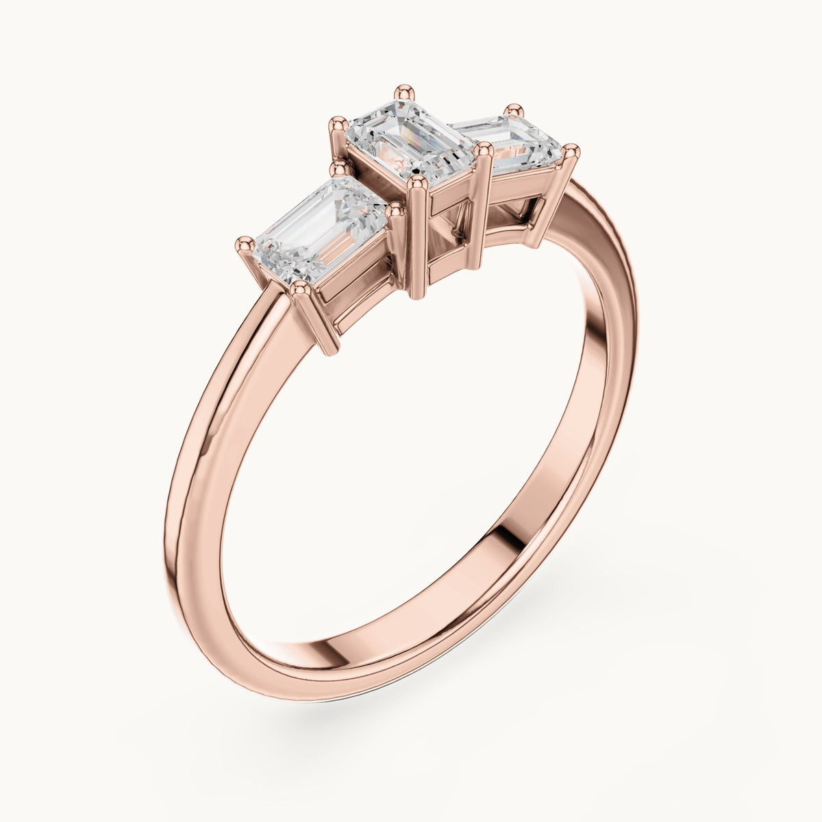 Emerald-cut lab-grown diamond three-stone engagement ring in rose gold, 1.68 CT TW, view 2