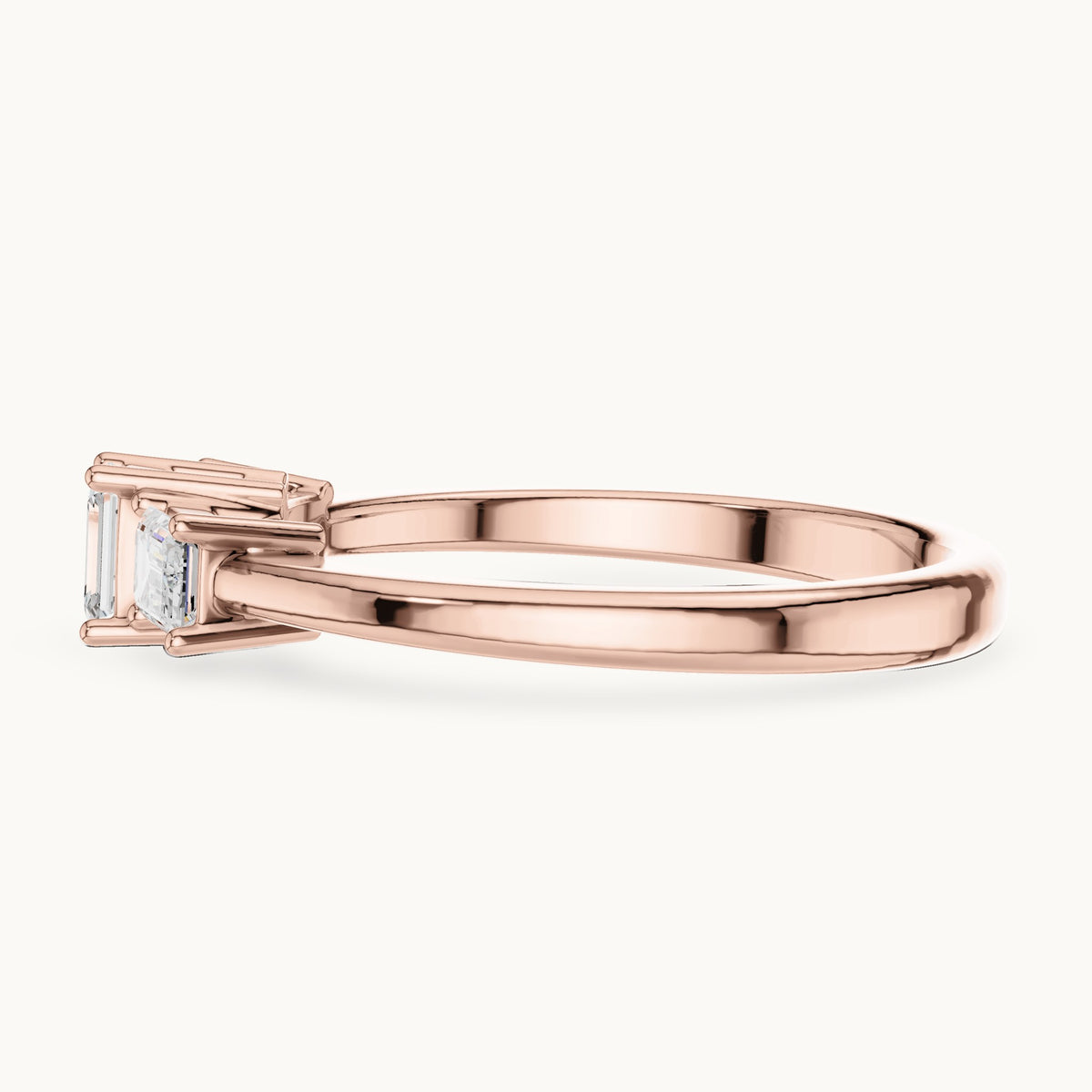 Emerald-cut lab-grown diamond three-stone engagement ring in rose gold, 1.68 CT TW, view 3