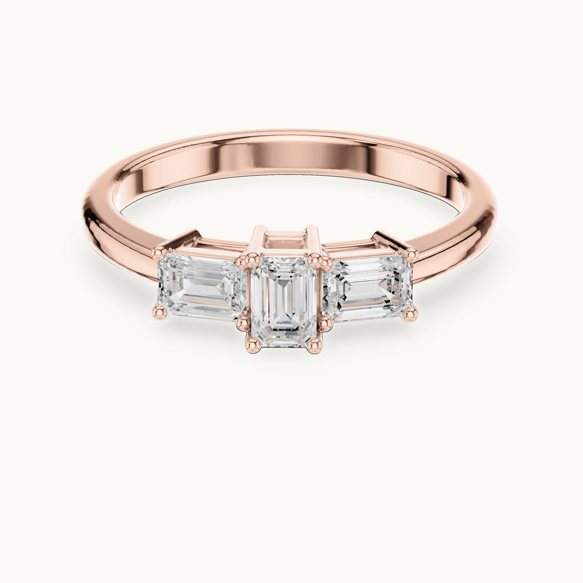Emerald-cut lab-grown diamond three-stone engagement ring in rose gold, 1.68 CT TW, view 4