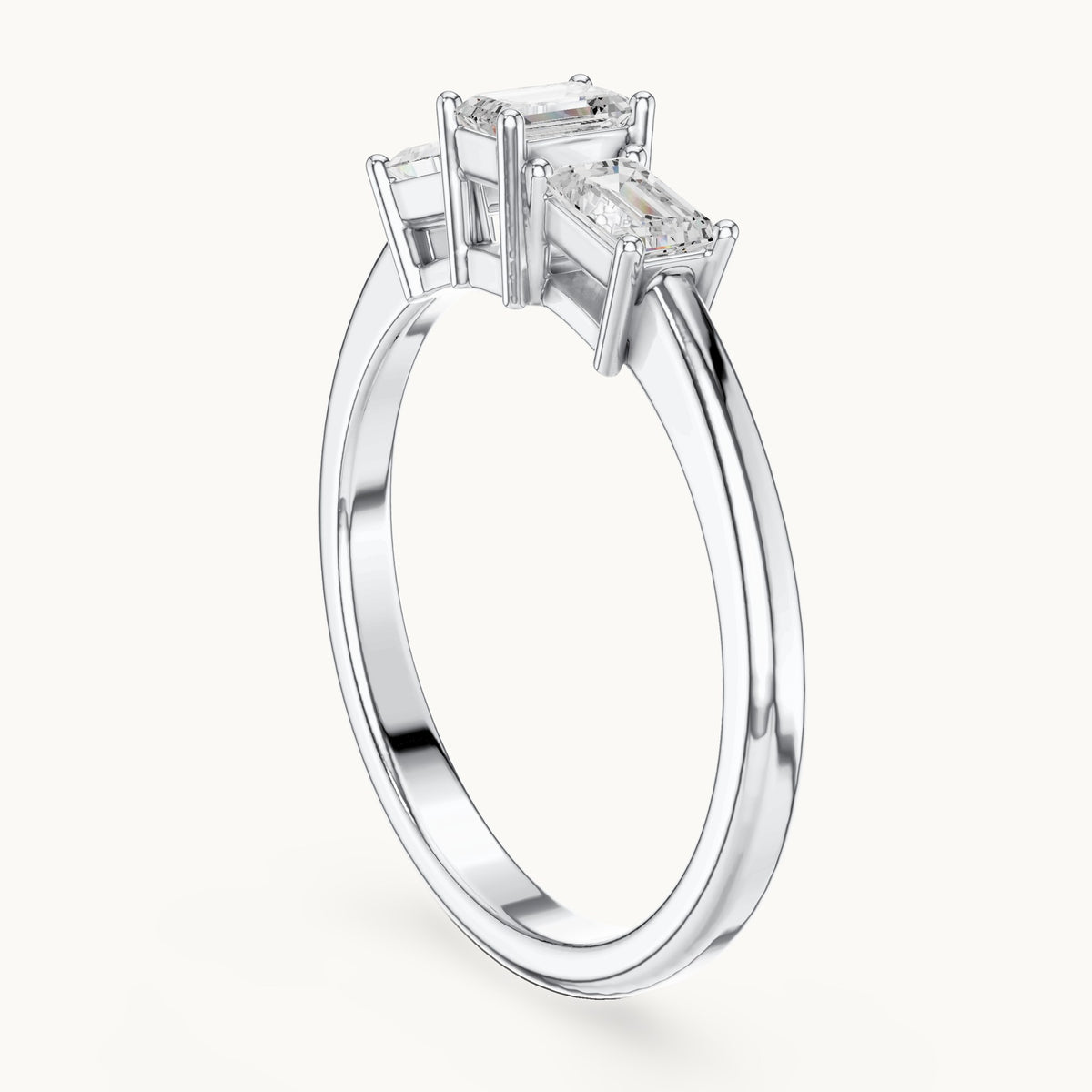 Emerald-cut lab-grown diamond three-stone engagement ring in white gold, 1.68 CT TW, view 1