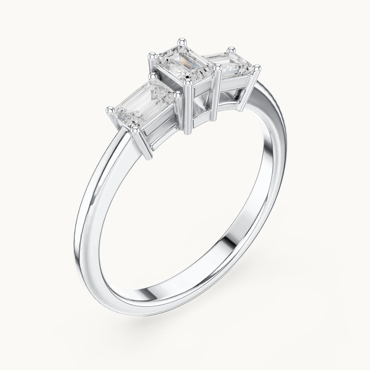 Emerald-cut lab-grown diamond three-stone engagement ring in white gold, 1.68 CT TW, view 2