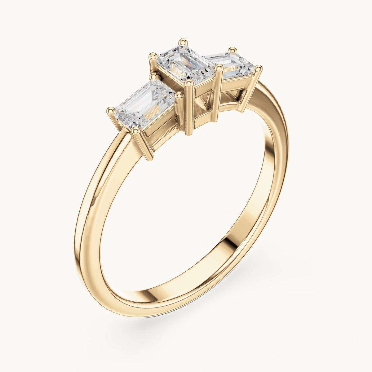Emerald-cut lab-grown diamond three-stone engagement ring in yellow gold, 1.68 CT TW, view 2