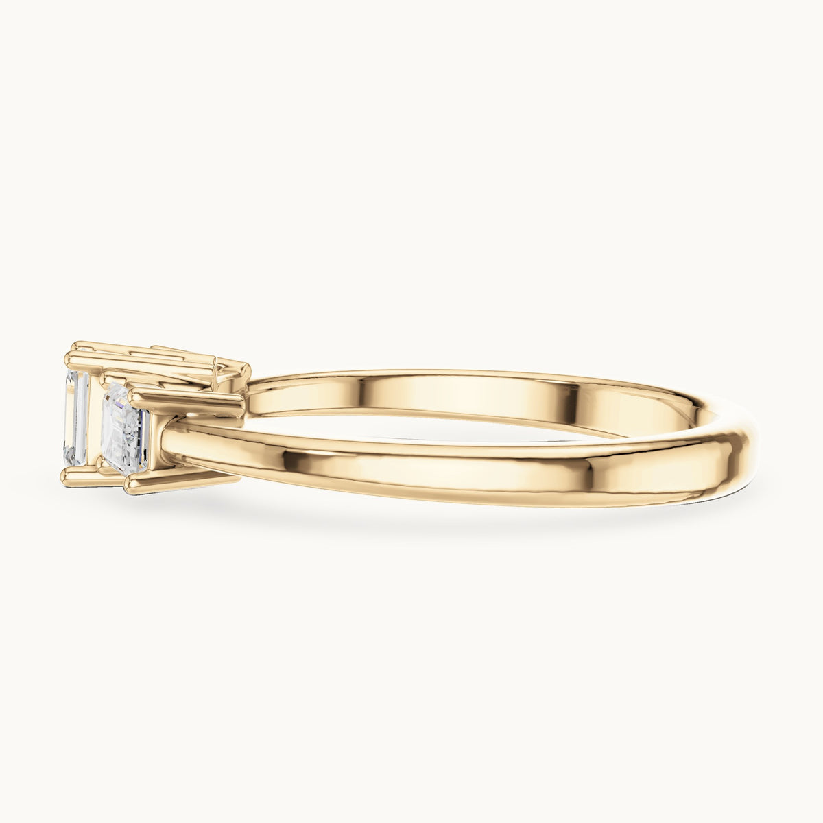 Emerald-cut lab-grown diamond three-stone engagement ring in yellow gold, 1.68 CT TW, view 3