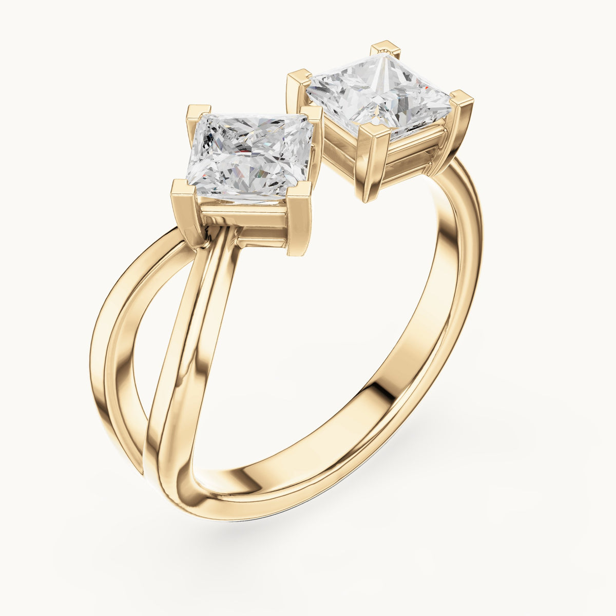 Princess-cut lab-grown diamond bypass toi et moi ring in yellow gold, 1.36 CT TW, view 2