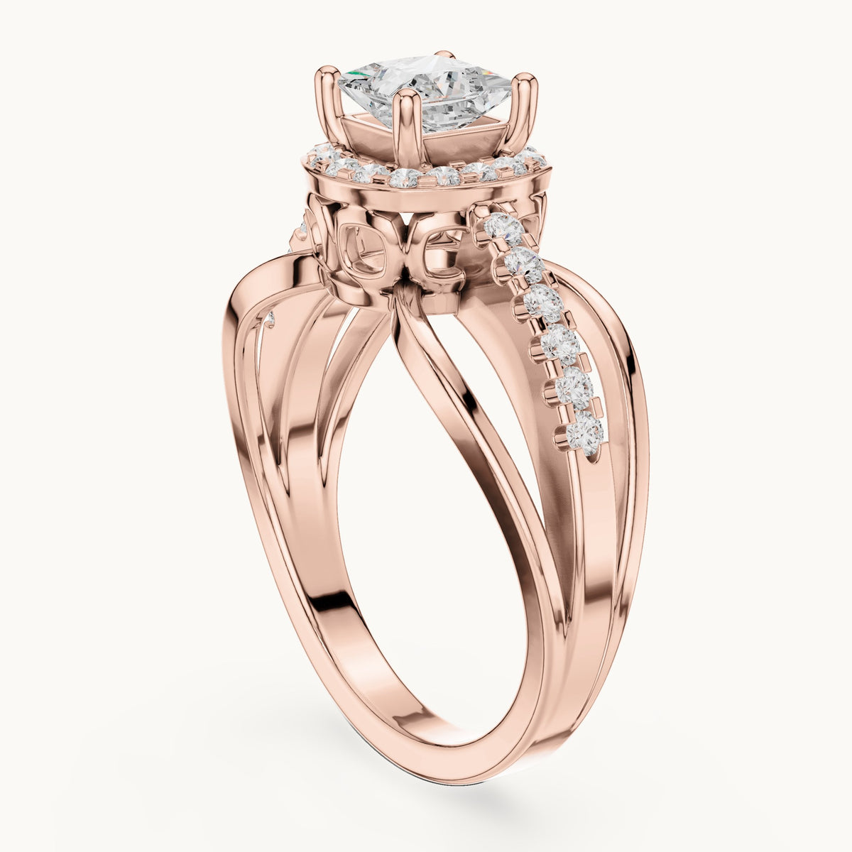Princess-cut and round lab-grown diamond halo split shank engagement ring in rose gold, 0.858 CT TW, view 1