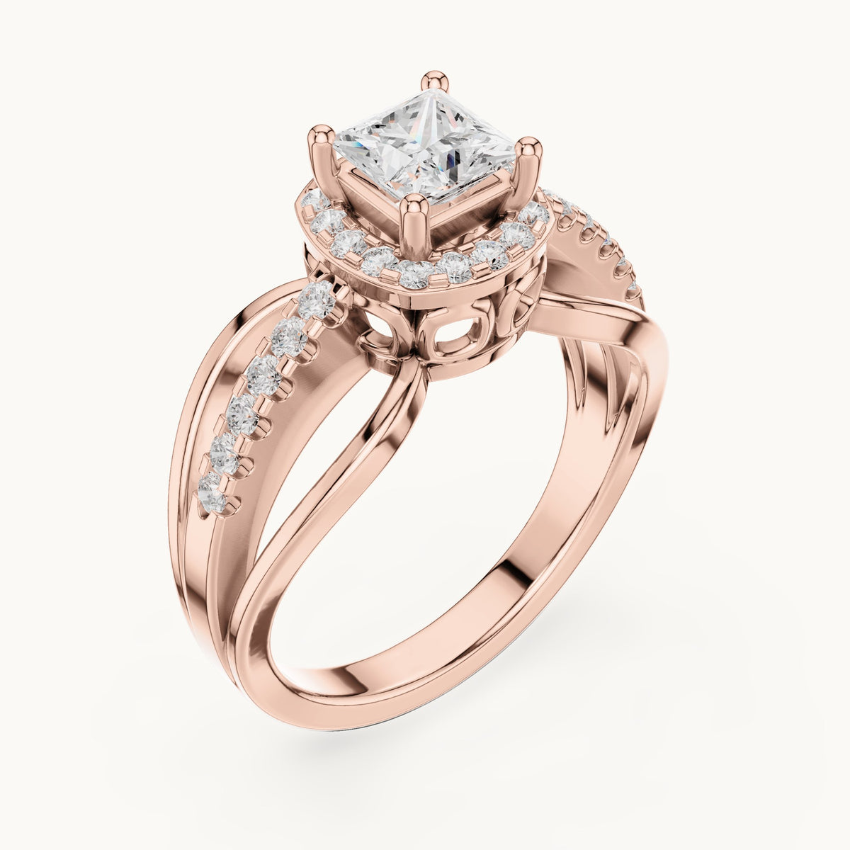 Princess-cut and round lab-grown diamond halo split shank engagement ring in rose gold, 0.858 CT TW, view 2