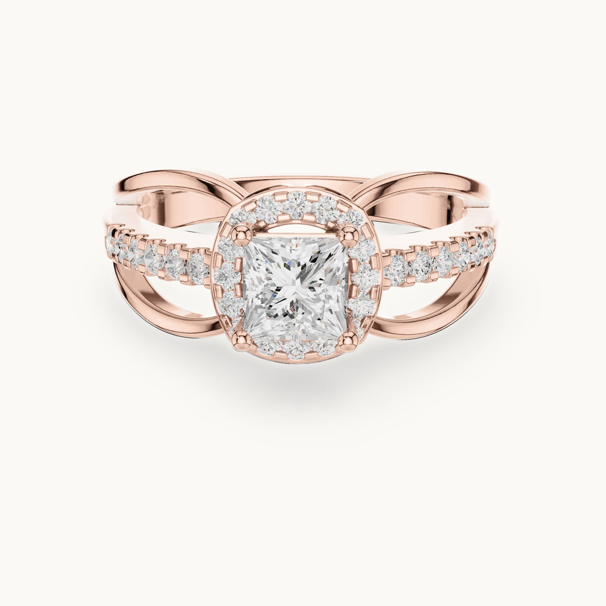 Princess-cut and round lab-grown diamond halo split shank engagement ring in rose gold, 0.858 CT TW, view 4