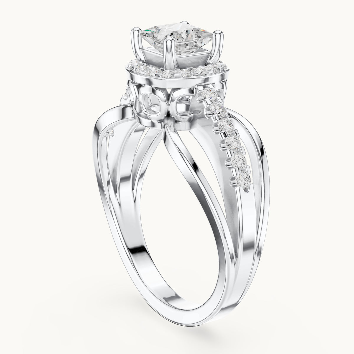 Princess-cut and round lab-grown diamond halo split shank engagement ring in white gold, 0.858 CT TW, view 1