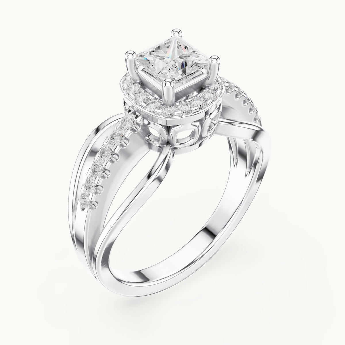 Princess-cut and round lab-grown diamond halo split shank engagement ring in white gold, 0.858 CT TW, view 2
