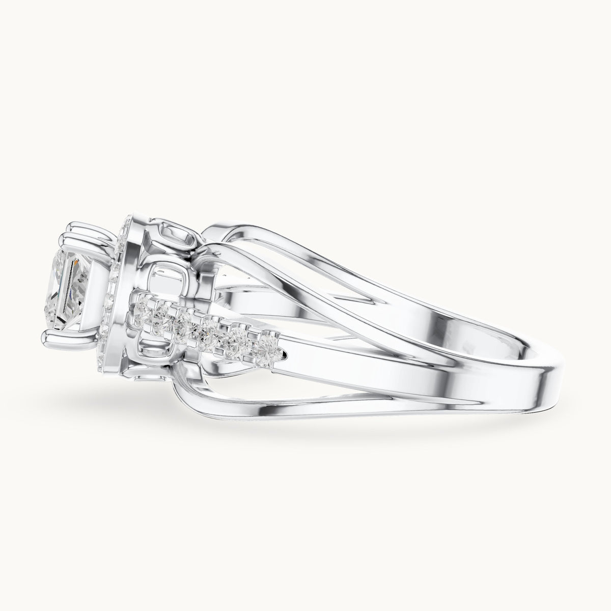 Princess-cut and round lab-grown diamond halo split shank engagement ring in white gold, 0.858 CT TW, view 3
