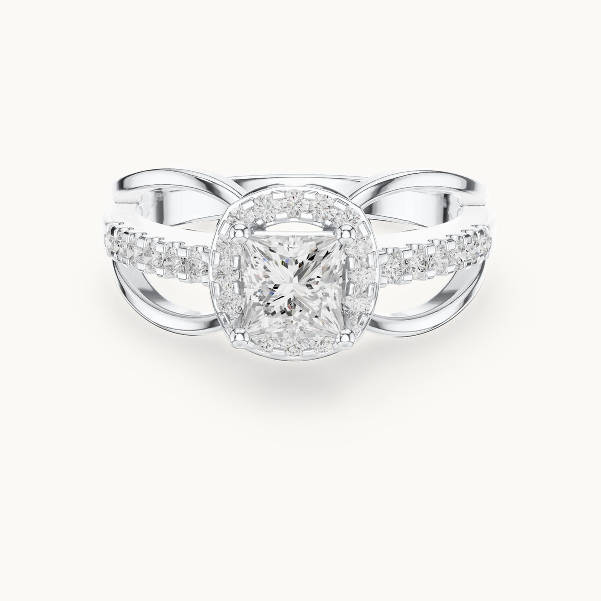 Princess-cut and round lab-grown diamond halo split shank engagement ring in white gold, 0.858 CT TW, view 4