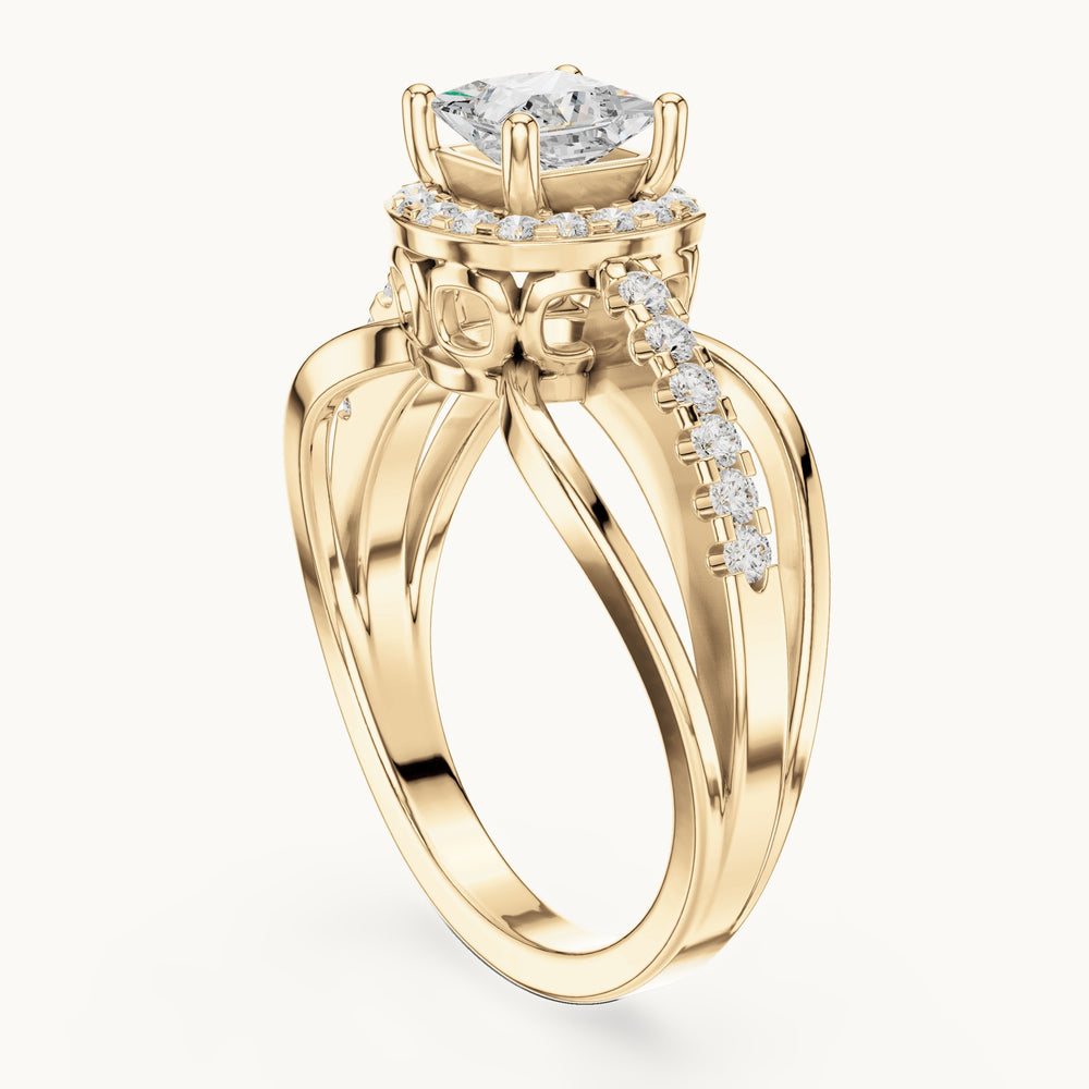 Princess-cut and round lab-grown diamond halo split shank engagement ring in yellow gold, 0.858 CT TW, view 1