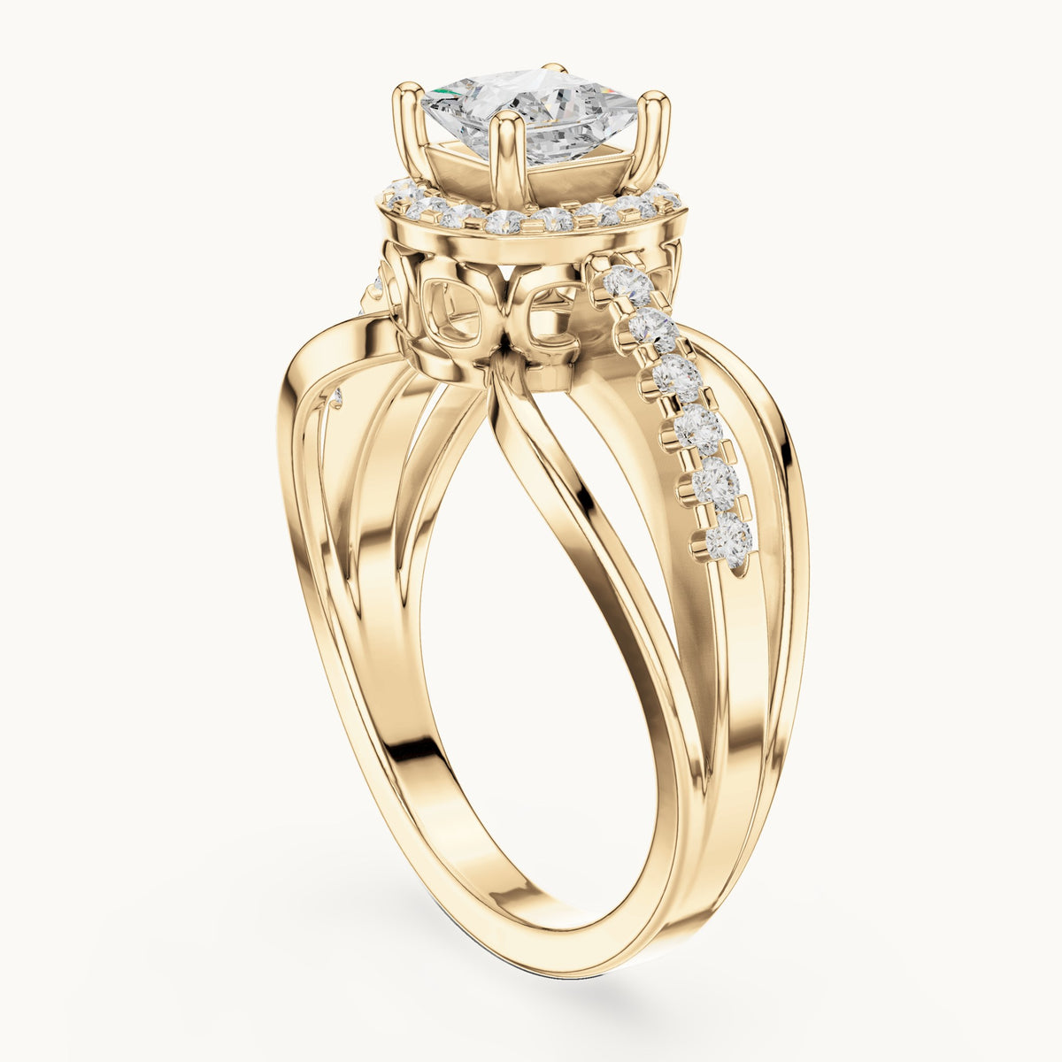Princess-cut and round lab-grown diamond halo split shank engagement ring in yellow gold, 0.858 CT TW, view 1