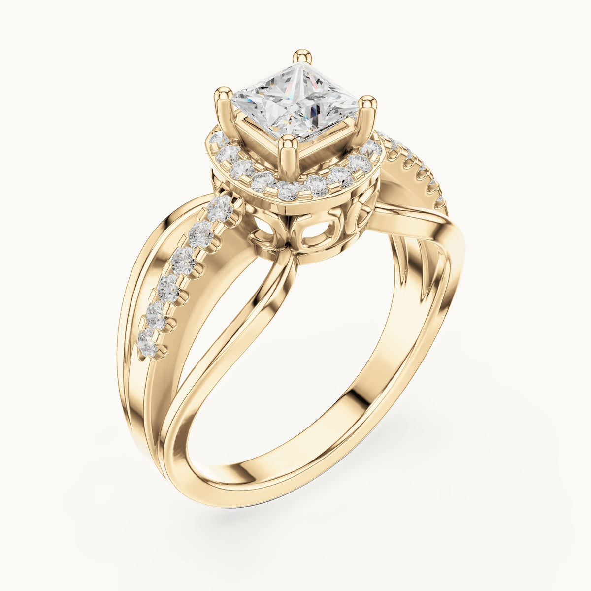 Princess-cut and round lab-grown diamond halo split shank engagement ring in yellow gold, 0.858 CT TW, view 2