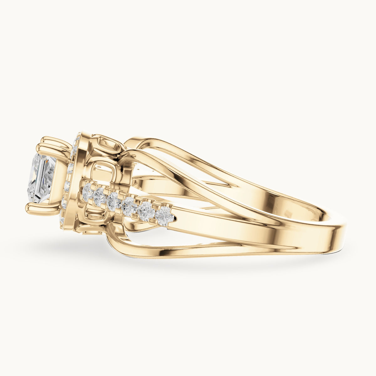 Princess-cut and round lab-grown diamond halo split shank engagement ring in yellow gold, 0.858 CT TW, view 3