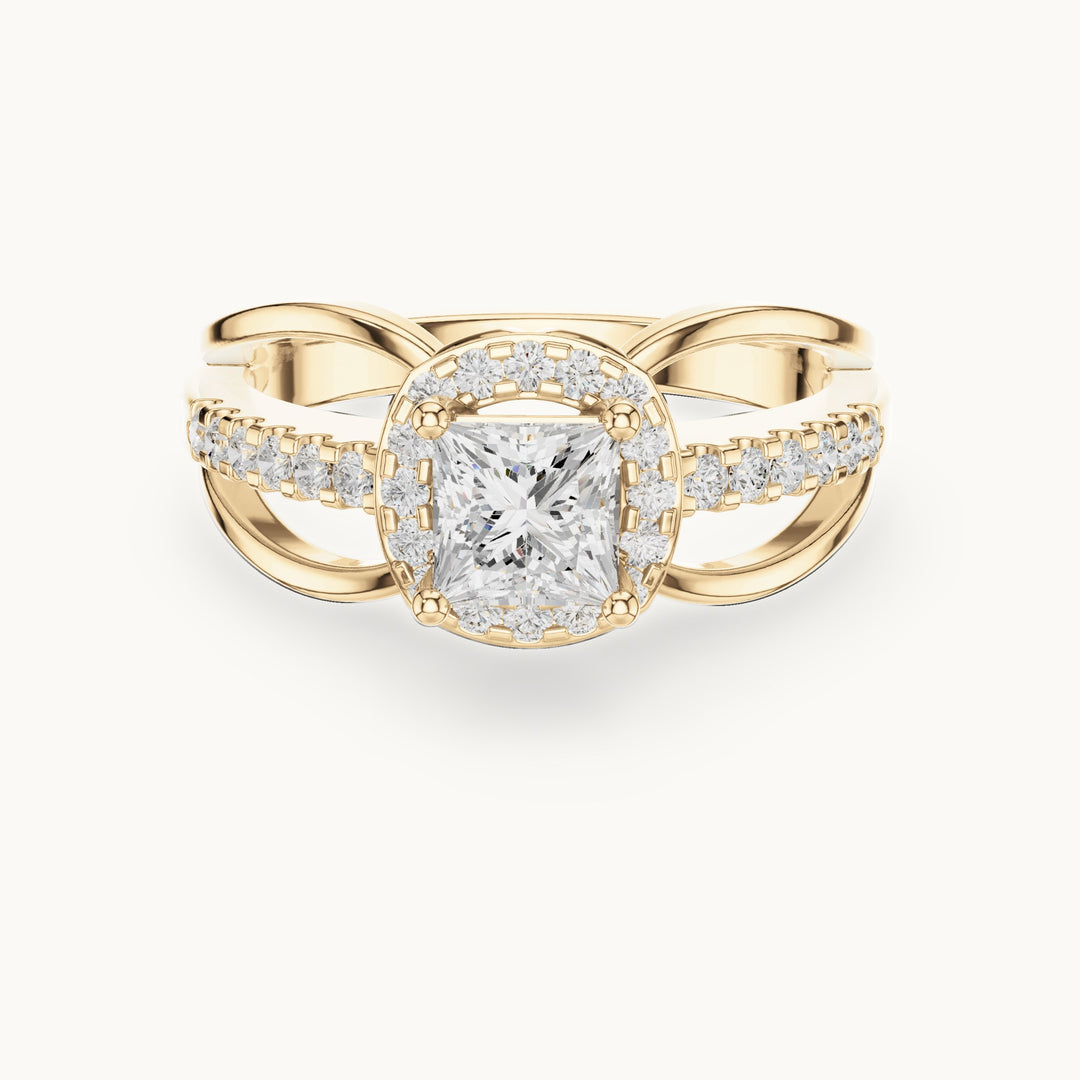 Princess-cut and round lab-grown diamond halo split shank engagement ring in yellow gold, 0.858 CT TW, view 4
