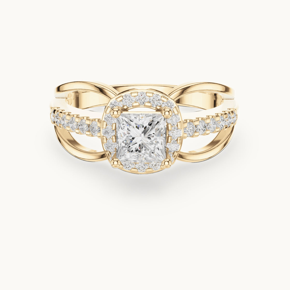 Princess-cut and round lab-grown diamond halo split shank engagement ring in yellow gold, 0.858 CT TW, view 4