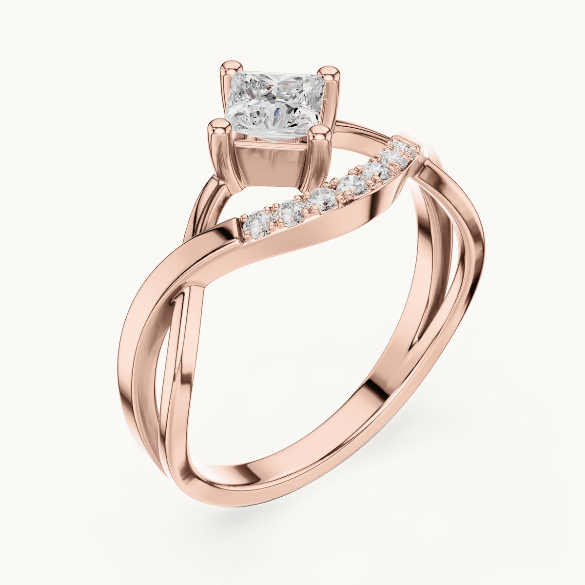 Princess-cut lab-grown diamond compass set crossover engagement ring in rose gold, 0.45 CT TW, view 2