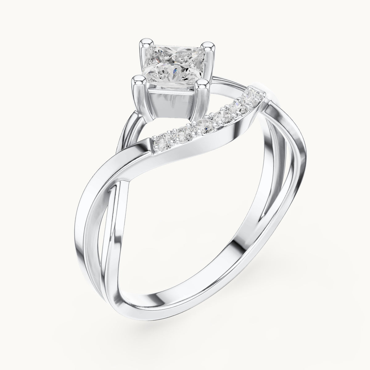 Princess-cut lab-grown diamond compass set crossover engagement ring in white gold, 0.45 CT TW, view 2