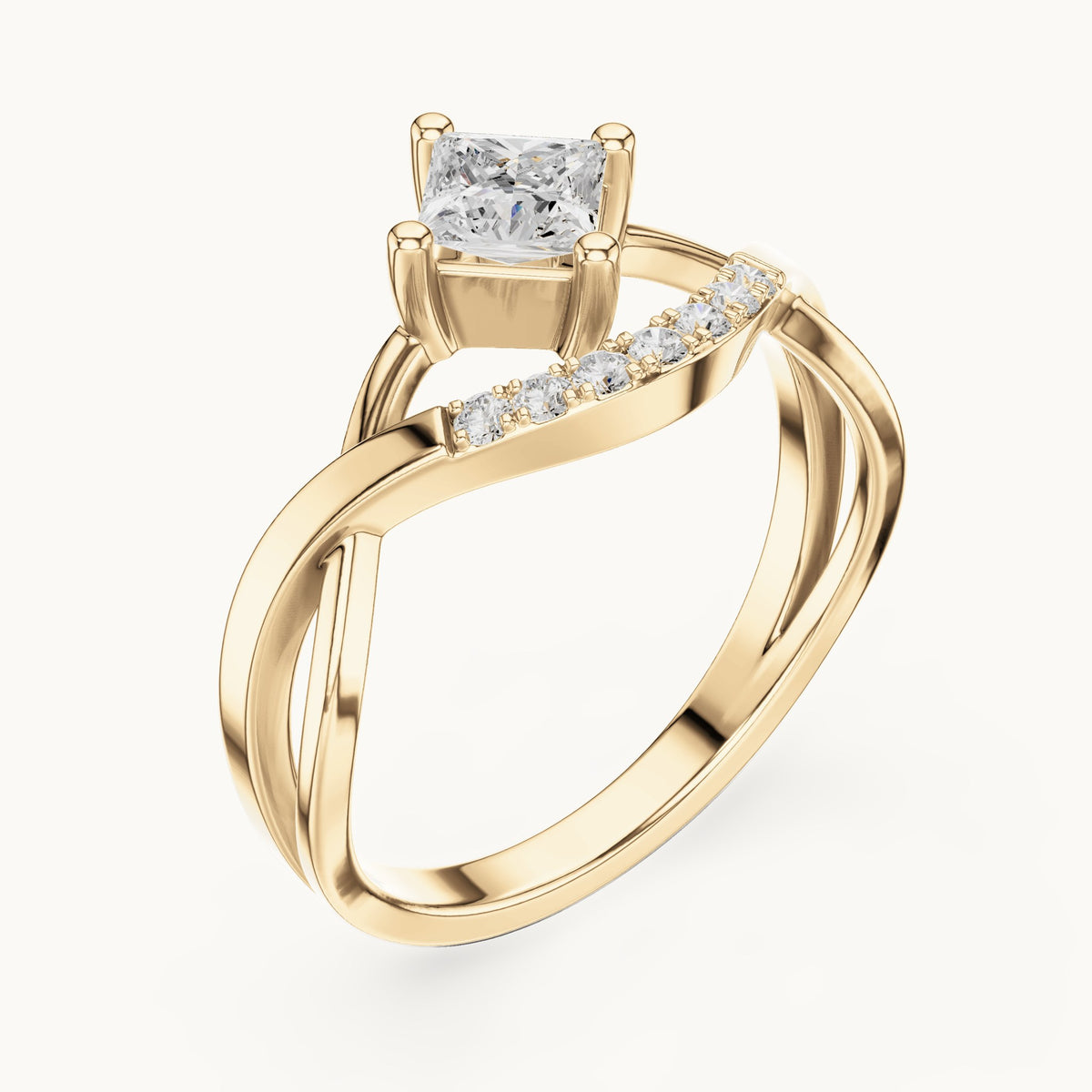 Princess-cut lab-grown diamond compass set crossover engagement ring in yellow gold, 0.45 CT TW, view 2