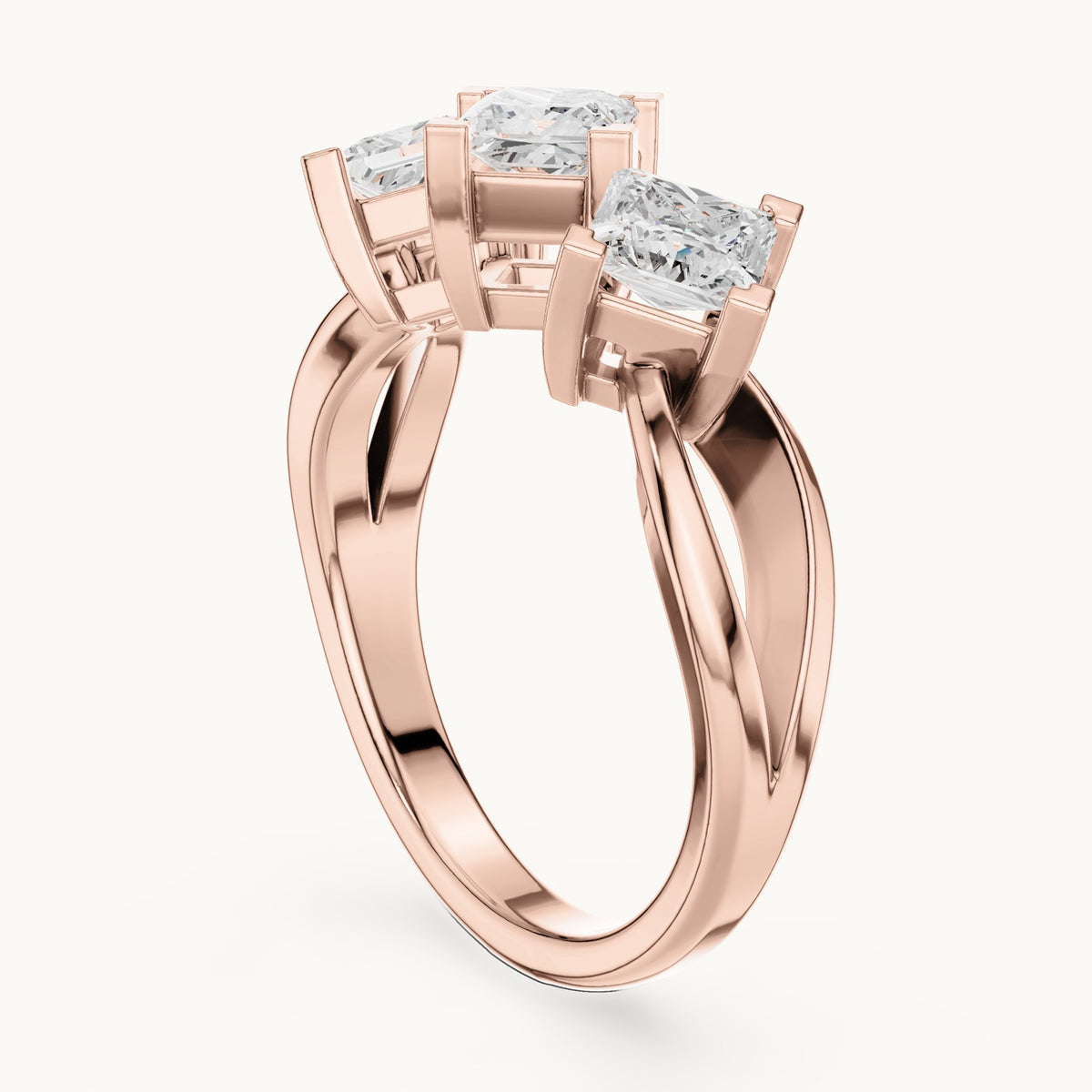 Princess-cut lab-grown diamond three-stone engagement ring in rose gold, 1.30 CT TW, view 1