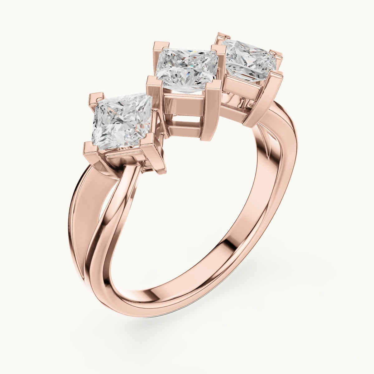 Princess-cut lab-grown diamond three-stone engagement ring in rose gold, 1.30 CT TW, view 2