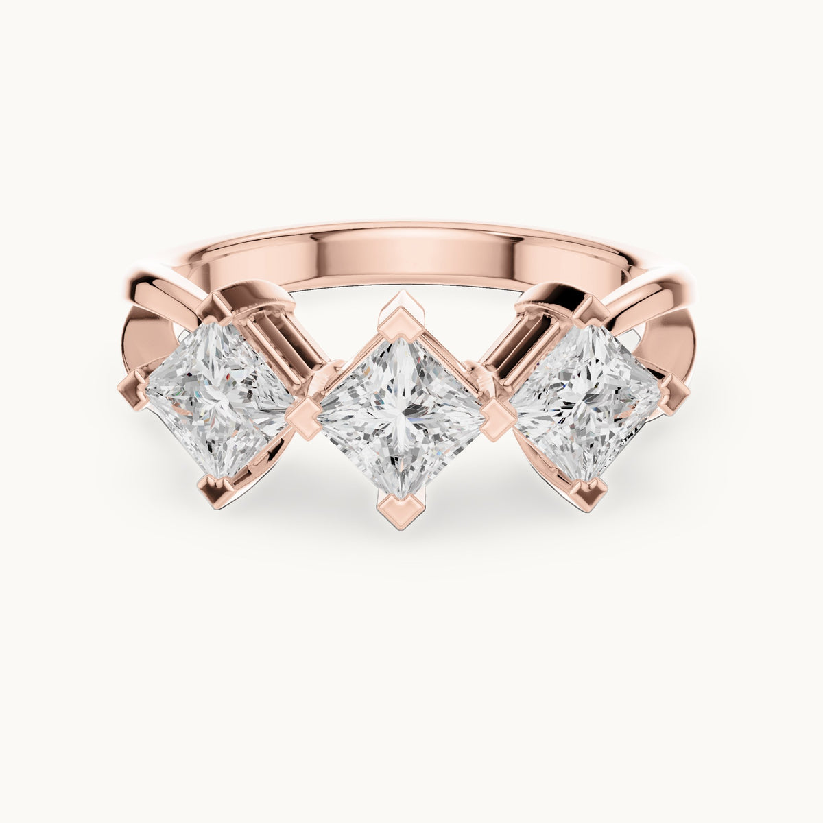 Princess-cut lab-grown diamond three-stone engagement ring in rose gold, 1.30 CT TW, view 4