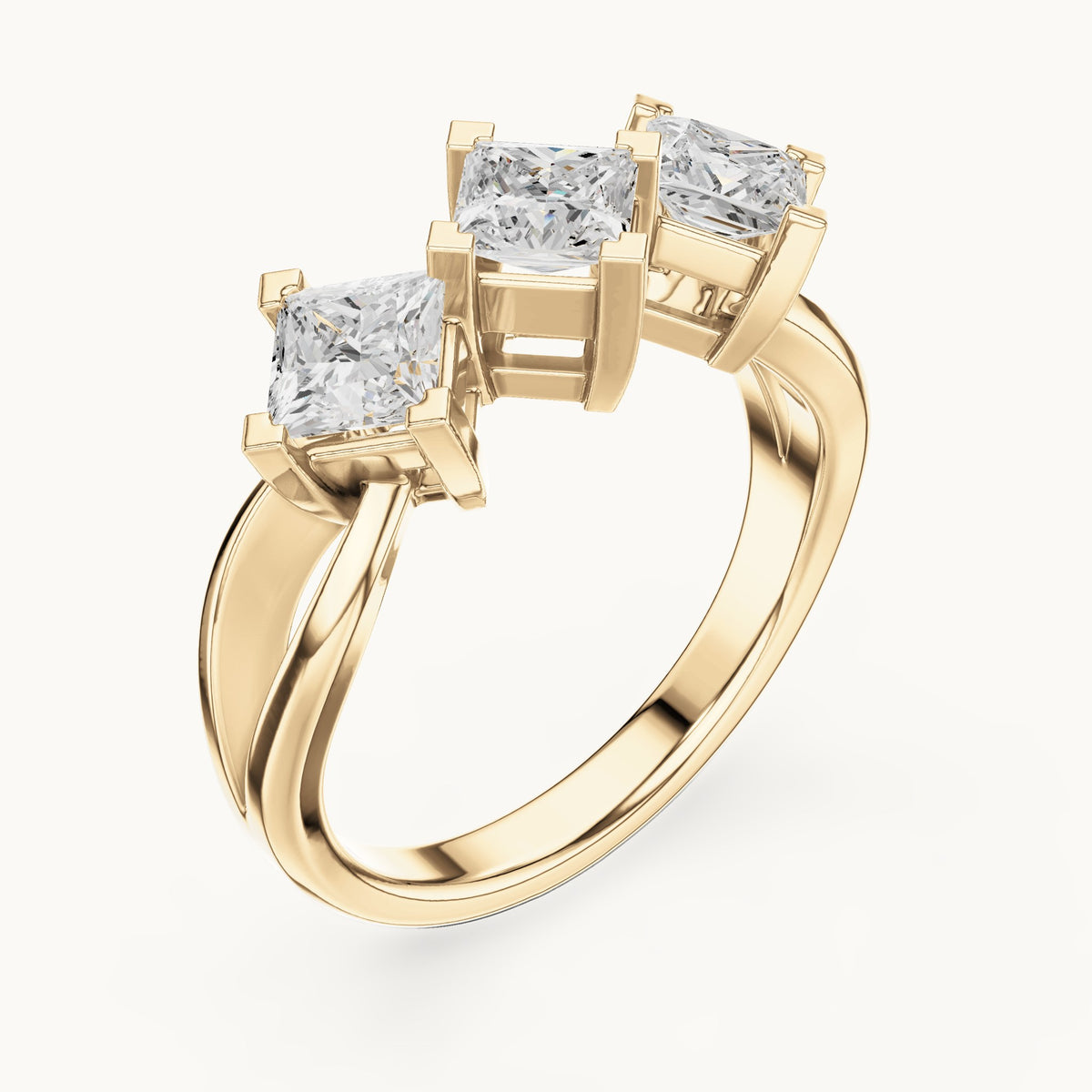Princess-cut lab-grown diamond three-stone engagement ring in yellow gold, 1.30 CT TW, view 2