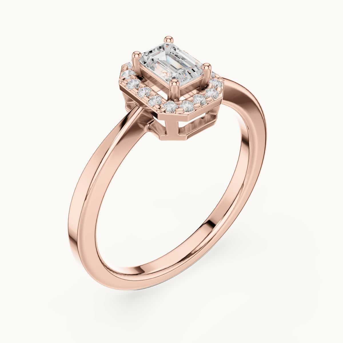 Emerald-cut lab-grown diamond octagonal halo engagement ring in rose gold, 0.47 CT TW, view 2
