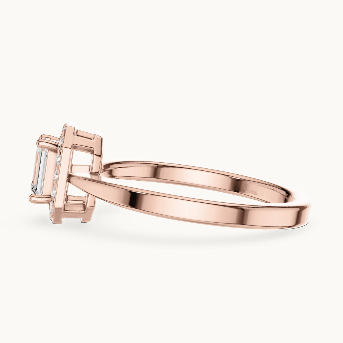 Emerald-cut lab-grown diamond octagonal halo engagement ring in rose gold, 0.47 CT TW, view 3
